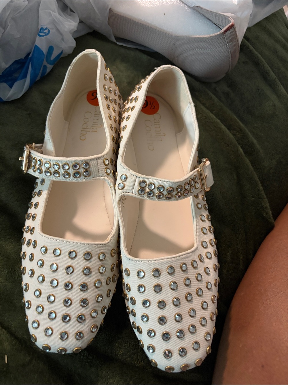 Camila Coelho Cream Studded Mary Jane Flats